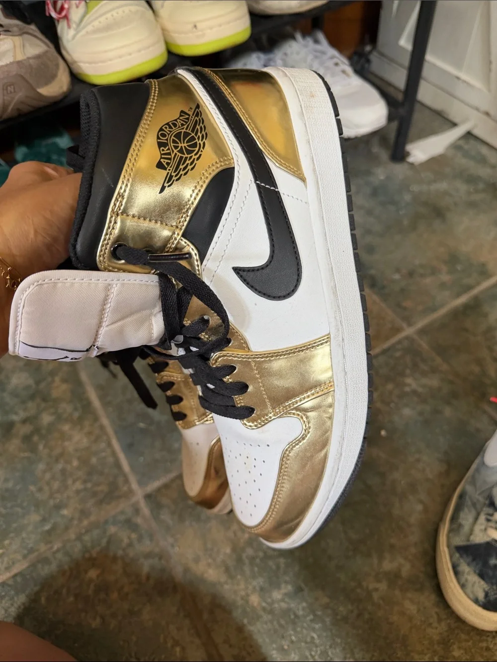 Jordan Men’s High-Top Sneakers - White & Gold Mens 9.5, Women's 11